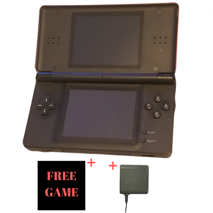 Nintendo DS Lite DSL Wireless HandHeld Console System Bundle W/ Dual Screens & 1 Free Game & 1 Stylus Pen & 1 Charger Cord Cable - Crimson Black & Red