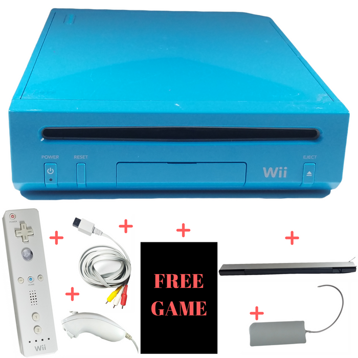 Nintendo Wii Limited Edition Console Complete System Bundle W/ 1 Free Game & Remote Controller & Nunchuk & Sensor Bar & TV & AV Cords - Electric Blue