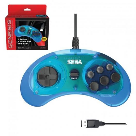 Retro-Bit 10ft. Official Sega Genesis 6-Button Controller Gamepad - Clear Blue