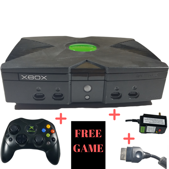 Microsoft Original Xbox 8GB Console System Powerhouse Bundle W/ Built-In Hard Drive & 1 Free Game & AV Cord & Power Cord Cable & Controller - Black