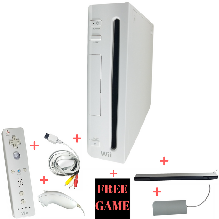 Nintendo Wii Console Complete System Bundle GameCube Backwards Compatible & AV Cable & Power Cord & Remote Controller & Nunchuk & Sensor Bar – White