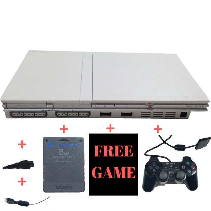 Sony PlayStation 2 PS2 Slim Limited Edition Console System Bundle W/ PS1 PlayStation 1 Backwards Compatibility & 1 Free Game & Cords - Ceramic White