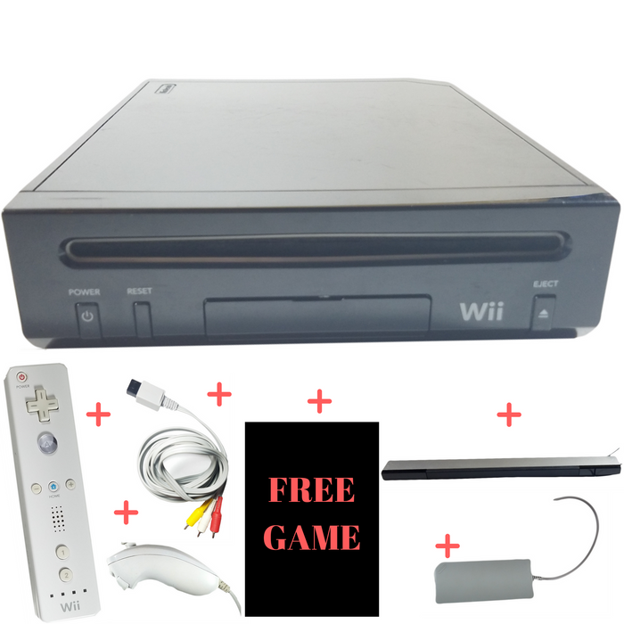 Nintendo Wii Console System Bundle Backwards Compatible RVL & 1 Free Game & Remote Controller & Nunchuk & Sensor Bar & AV Cable & Power Cord – Black