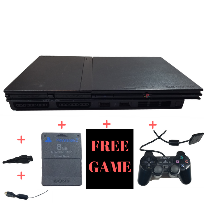 Sony PlayStation 2 PS2 Slim Complete Console Bundle PS1 Backwards Compatible & 1 Free Game & AV Cable & Power Cord & Controller & Memory Card – Black