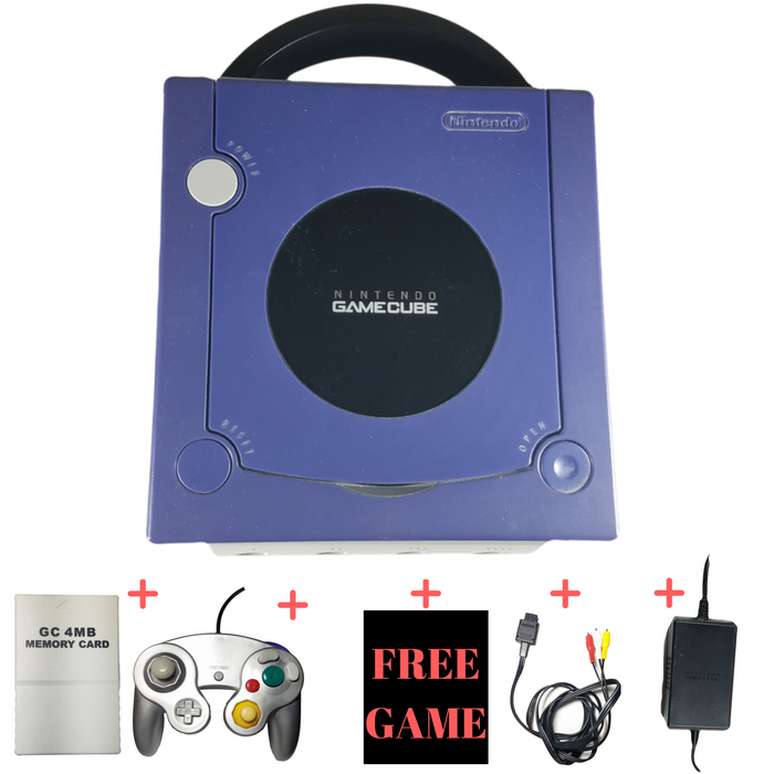 Nintendo Gamecube NGC Console System Bundle W/ 4 Multiplayer Ports W/ 1 Free Game & Controller & Memory Card & RCA AV & Power Cord - Indigo Purple